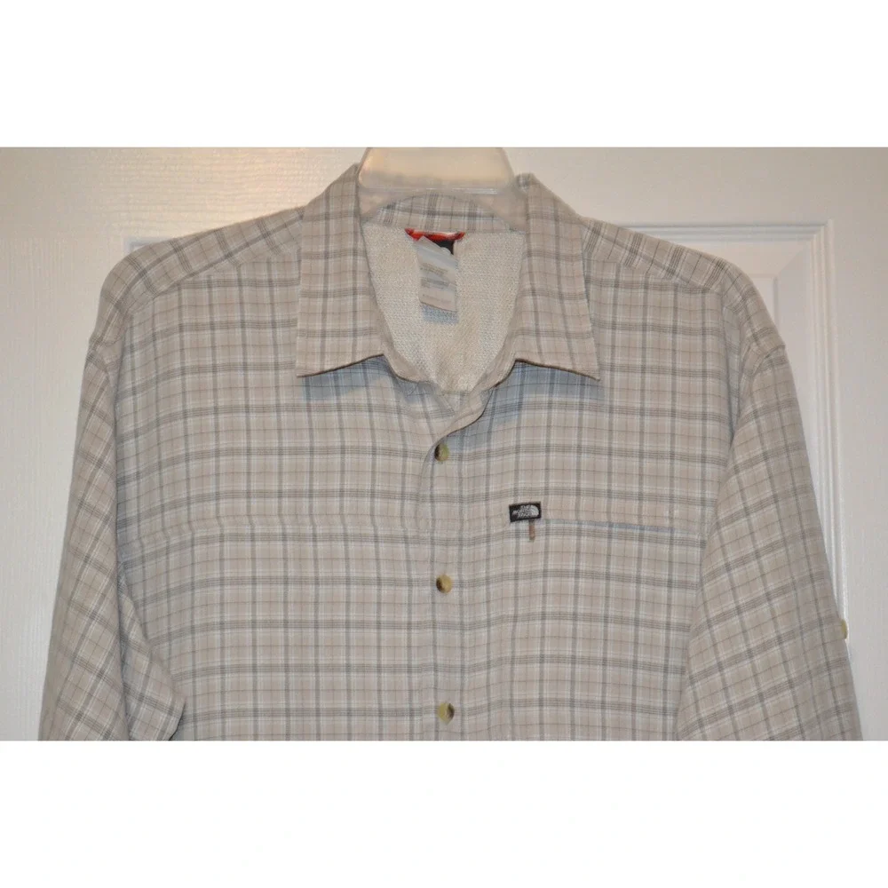 The North Face Long Sleeve Button Up Shirt Men's Size XL Beige Black Plaid‎ Nice